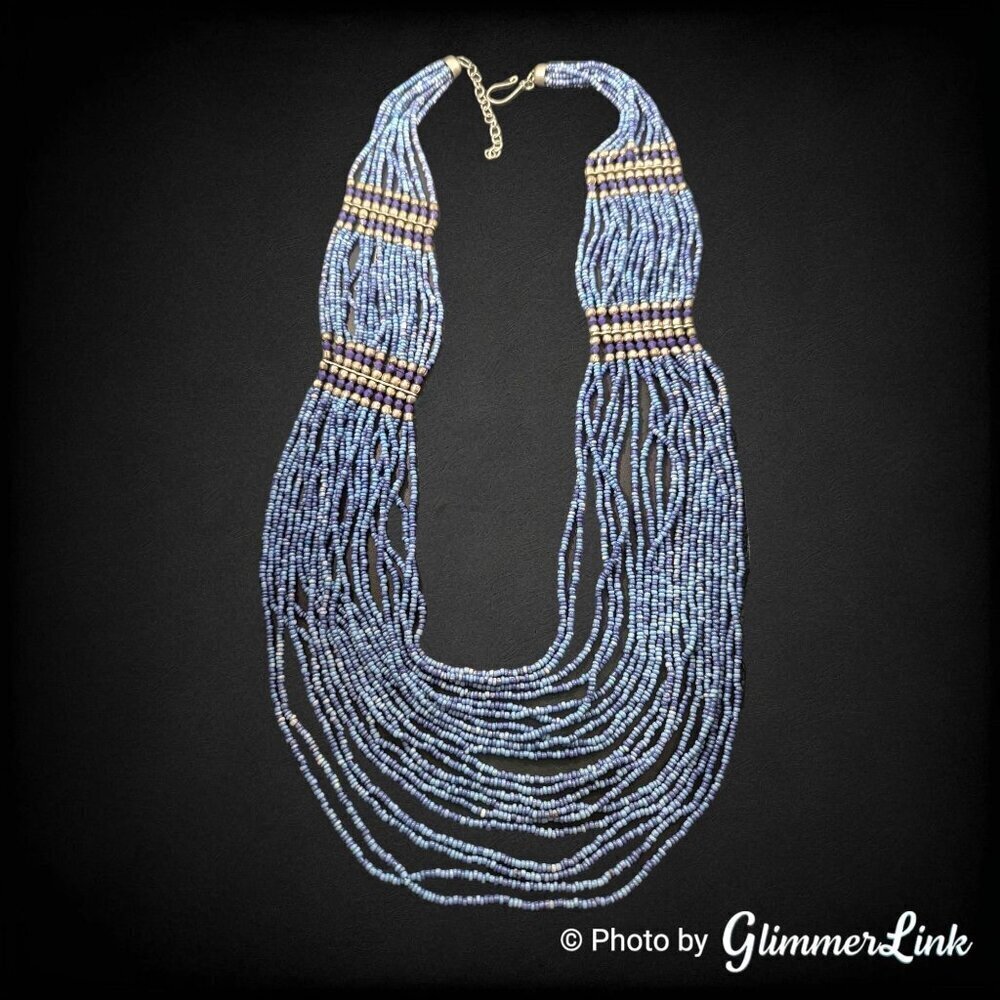 Vintage Multi Strand Blue Seed Bead Layered Bohemian Bib Silver Tone Necklace